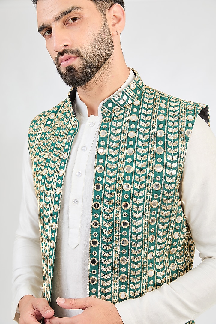 Mehendi Green Georgette Mirror Work Indowestern Jacket by Kasbah Clothing at Pernia's Pop Up Shop