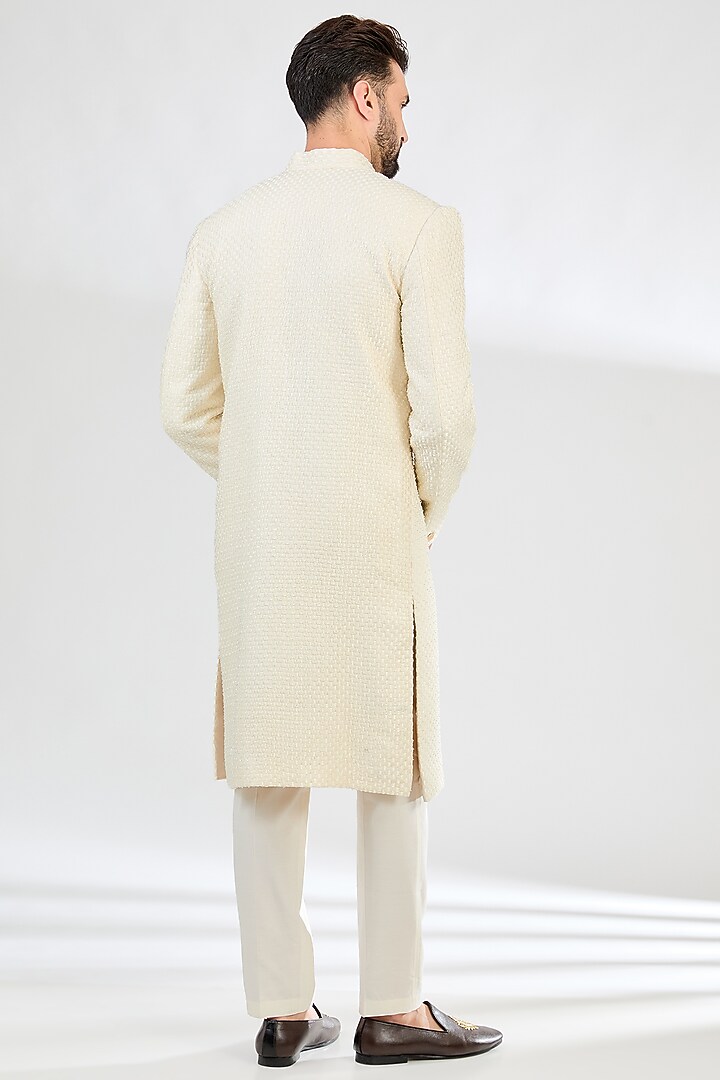 Cream Silk Thread Embroidered Wedding Sherwani by Kasbah Clothing at Pernia's Pop Up Shop