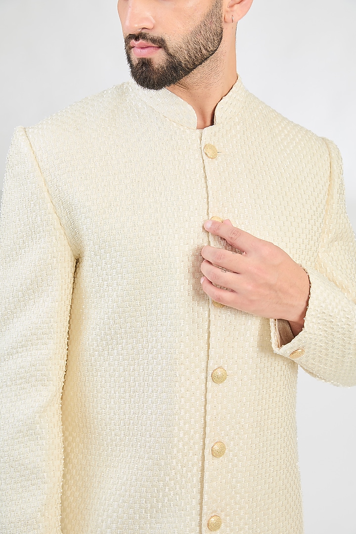 Cream Silk Thread Embroidered Wedding Sherwani by Kasbah Clothing at Pernia's Pop Up Shop