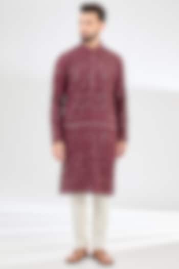 Burgundy Georgette Sequins Embroidered Chikankari Kurta by Kasbah Clothing