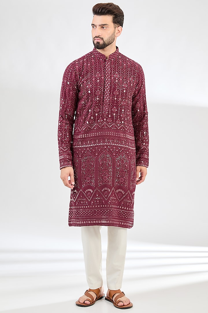 Burgundy Georgette Sequins Embroidered Chikankari Kurta by Kasbah Clothing