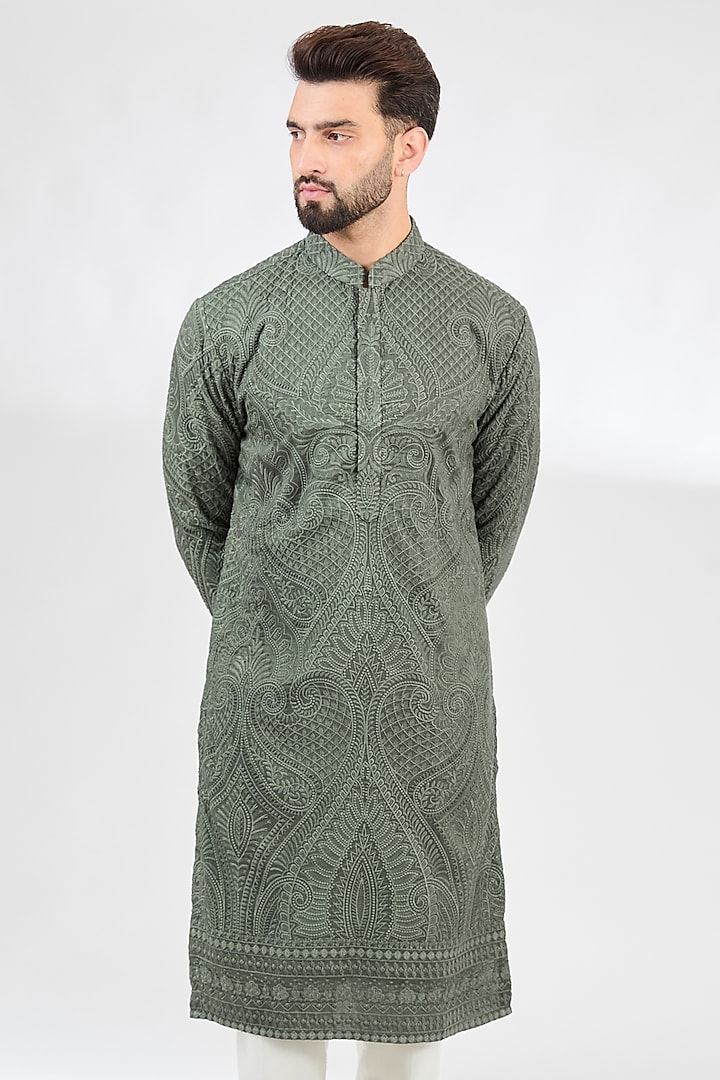 Military Green Silk Kashmiri Embroidered Chikankari Kurta by Kasbah Clothing at Pernia's Pop Up Shop