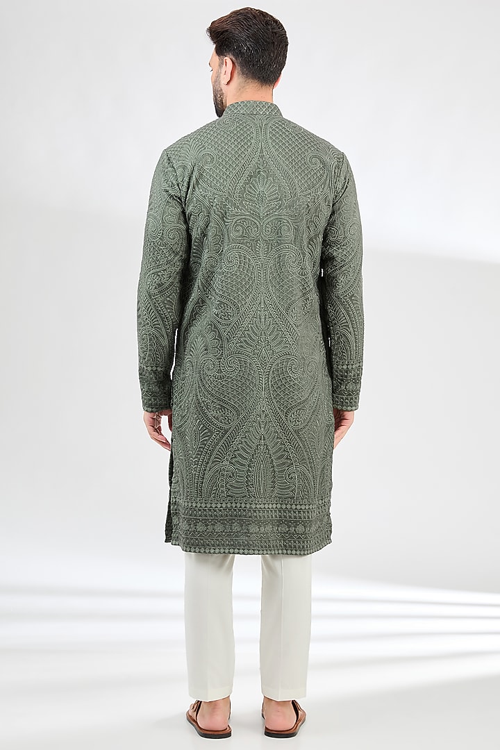 Military Green Silk Kashmiri Embroidered Chikankari Kurta by Kasbah Clothing at Pernia's Pop Up Shop