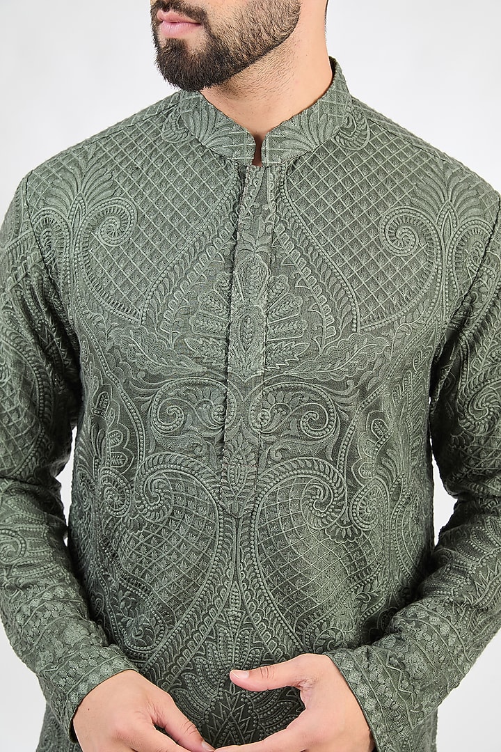 Military Green Silk Kashmiri Embroidered Chikankari Kurta by Kasbah Clothing at Pernia's Pop Up Shop