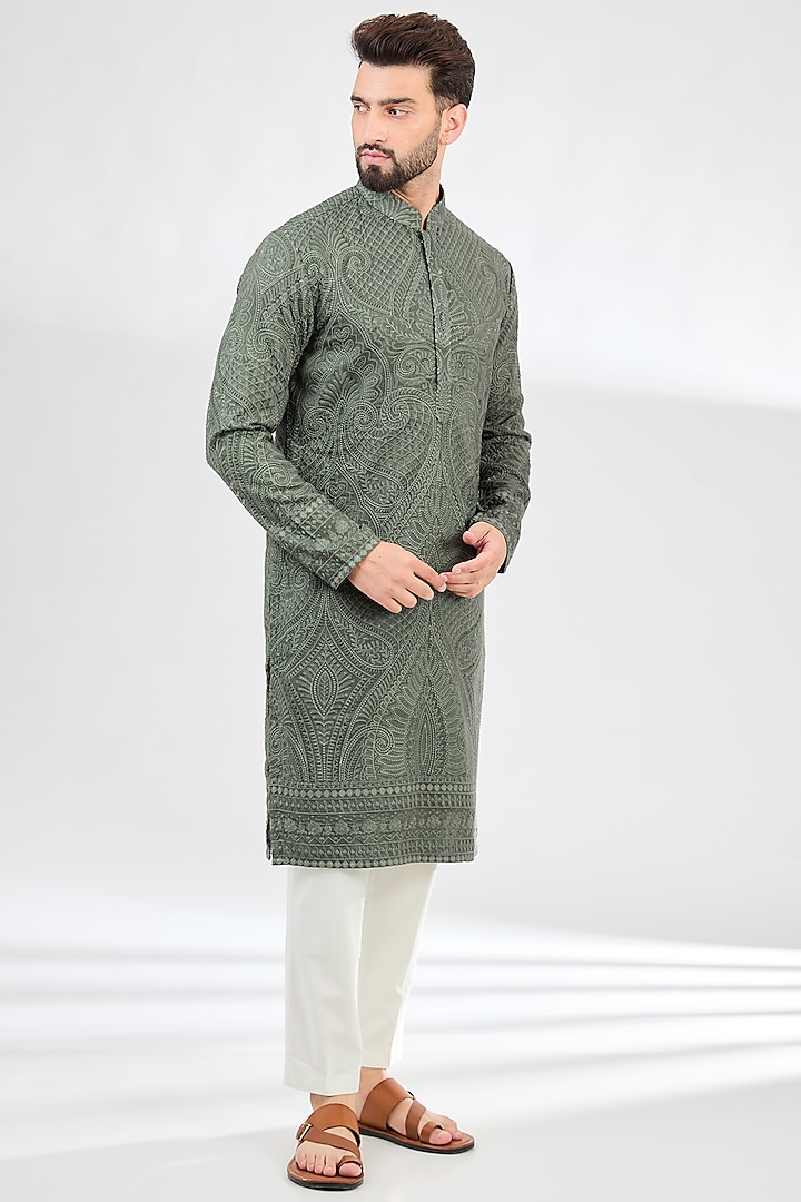 Military Green Silk Kashmiri Embroidered Chikankari Kurta by Kasbah Clothing