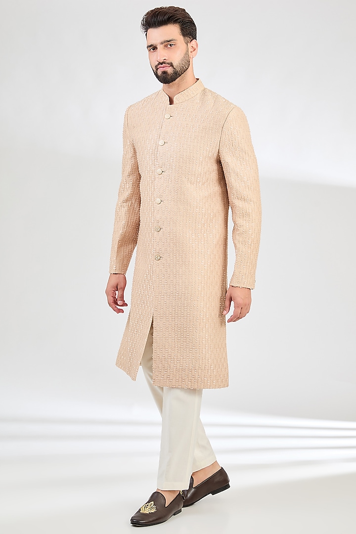 Light Peach Silk Cutdana Embroidered Sherwani by Kasbah Clothing