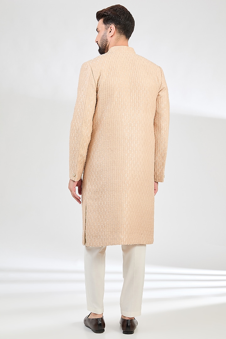 Light Peach Silk Cutdana Embroidered Wedding Sherwani by Kasbah Clothing at Pernia's Pop Up Shop