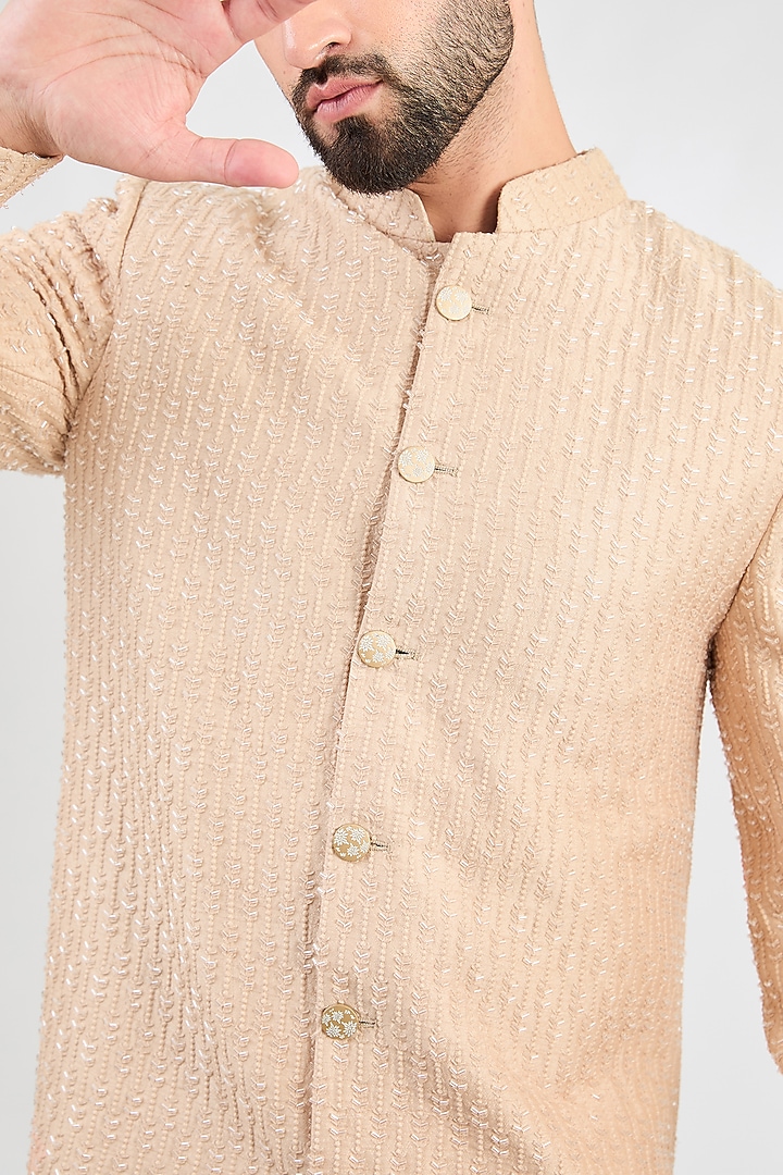 Light Peach Silk Cutdana Embroidered Wedding Sherwani by Kasbah Clothing at Pernia's Pop Up Shop