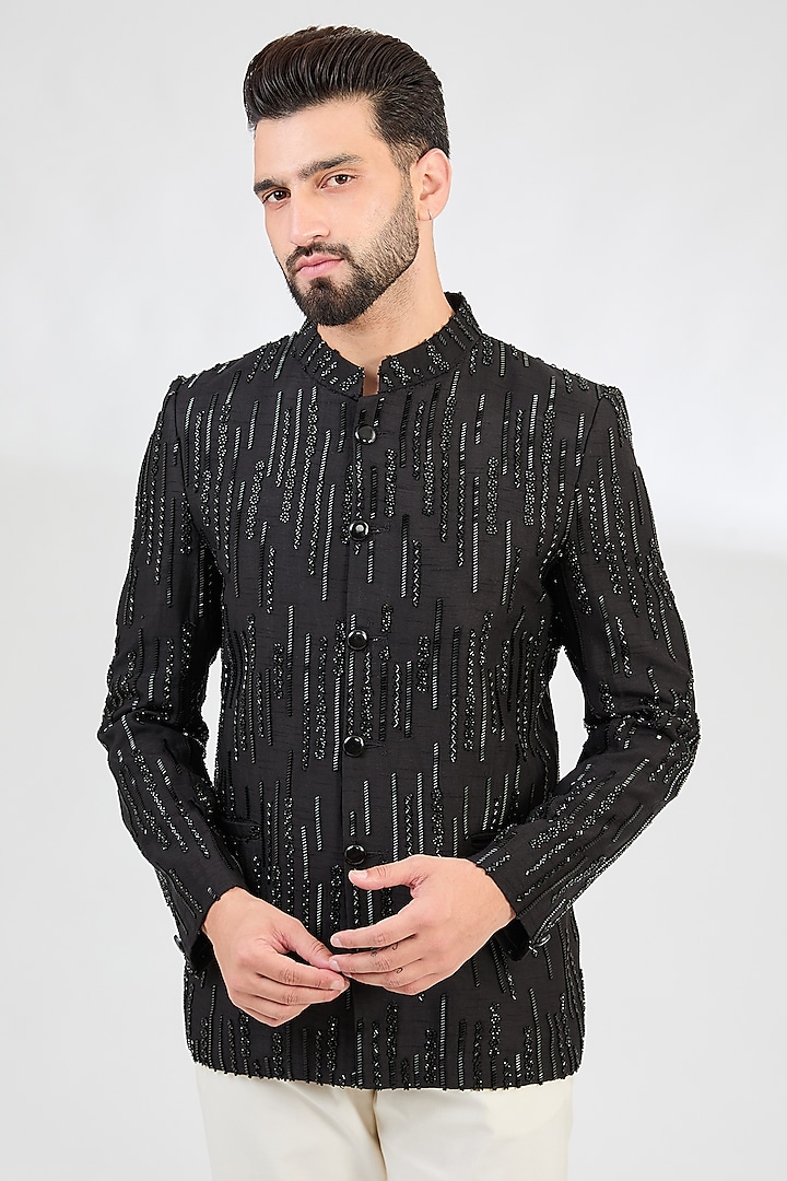 Black Silk Cutdana Embroidered Bandhgala Jacket by Kasbah Clothing