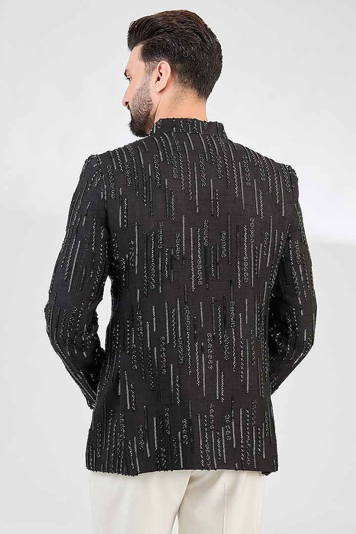 Black Silk Cutdana Embroidered Wedding Bandhgala Jacket by Kasbah Clothing at Pernia's Pop Up Shop
