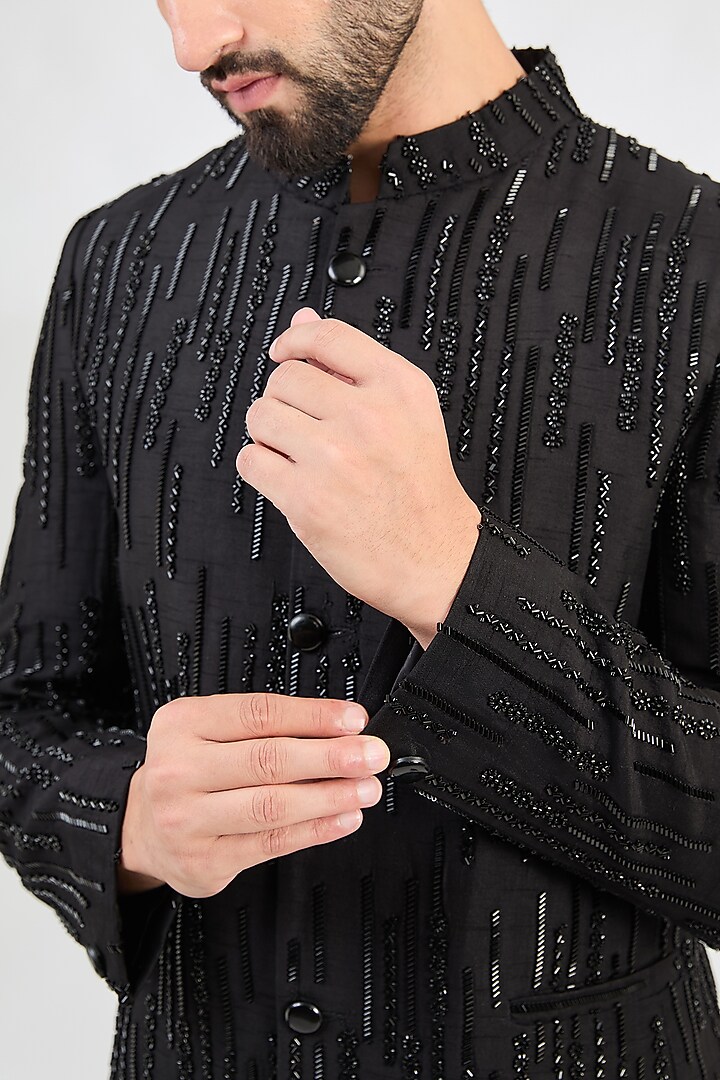 Black Silk Cutdana Embroidered Wedding Bandhgala Jacket by Kasbah Clothing at Pernia's Pop Up Shop
