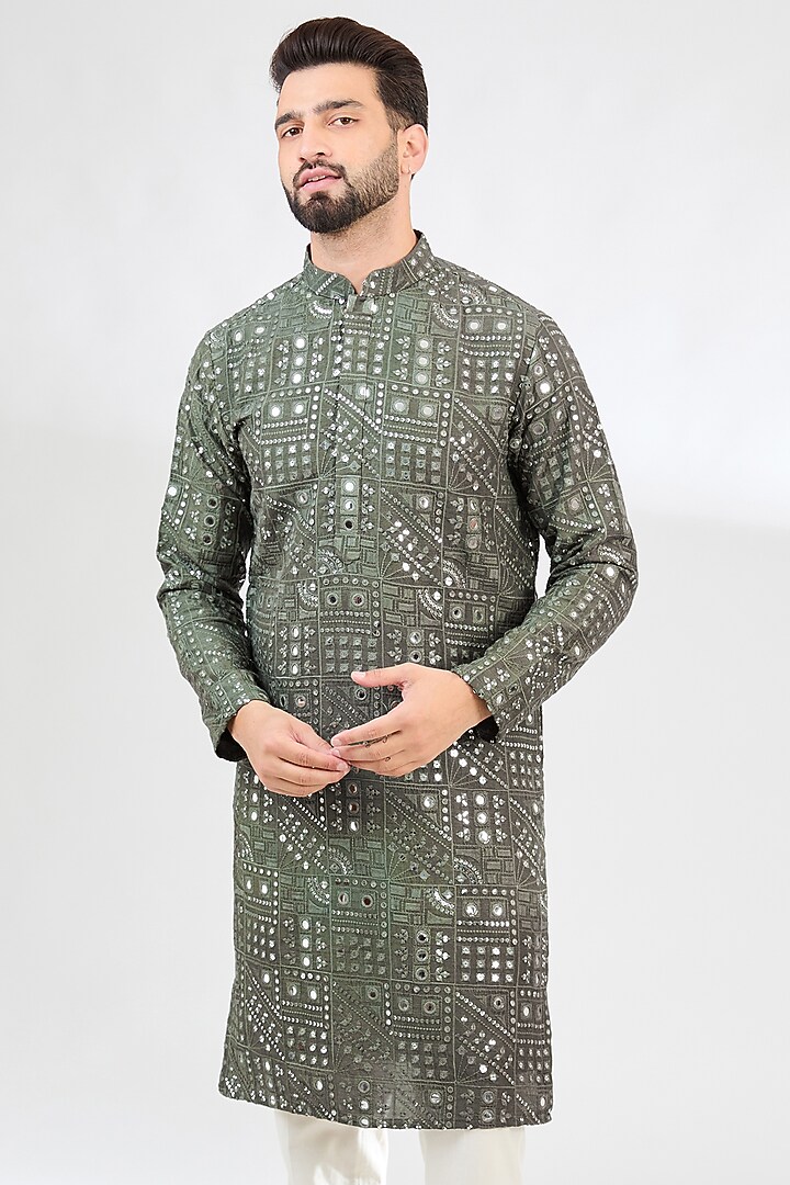 Military Green Silk Sequins Embroidered Kurta by Kasbah Clothing at Pernia's Pop Up Shop
