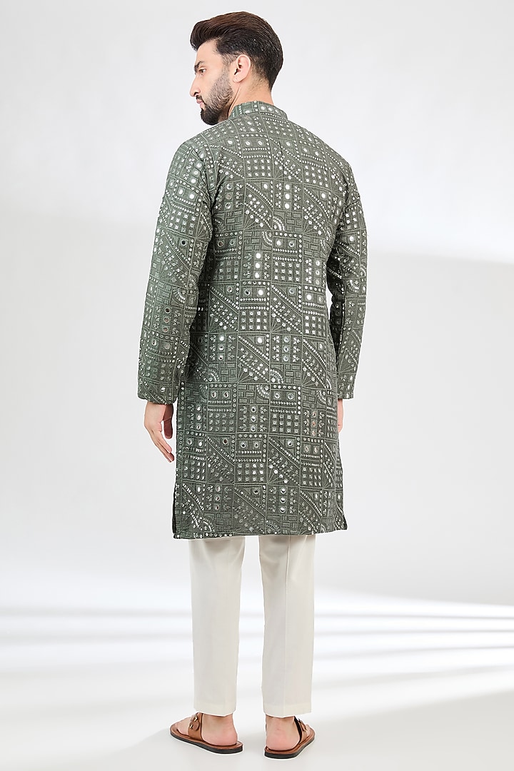 Military Green Silk Sequins Embroidered Kurta by Kasbah Clothing at Pernia's Pop Up Shop