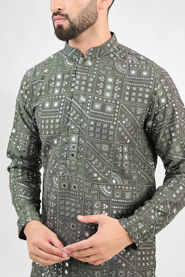 Military Green Silk Sequins Embroidered Kurta by Kasbah Clothing at Pernia's Pop Up Shop