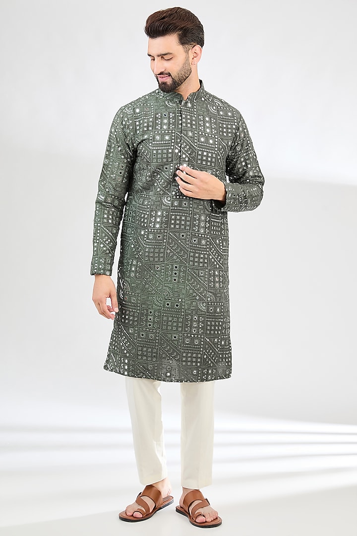 Military Green Silk Sequins Embroidered Kurta by Kasbah Clothing