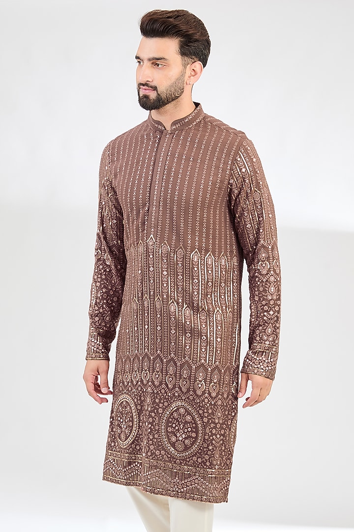 Mauve-Taupe Georgette Thread Embroidered Chikankari Kurta by Kasbah Clothing at Pernia's Pop Up Shop