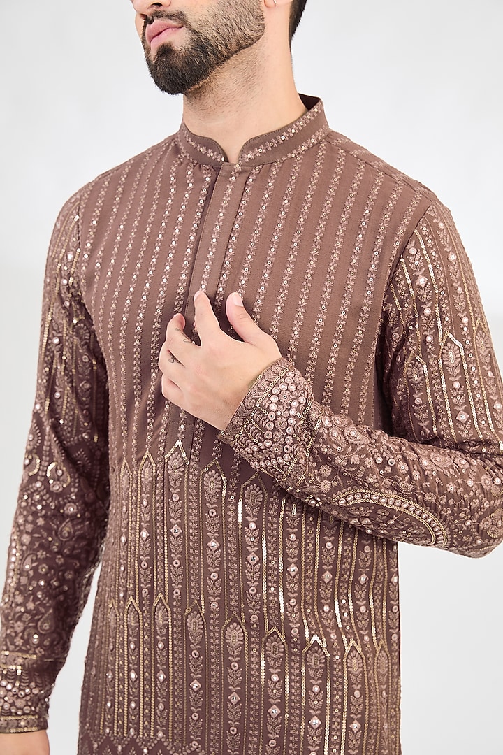 Mauve-Taupe Georgette Thread Embroidered Chikankari Kurta by Kasbah Clothing at Pernia's Pop Up Shop