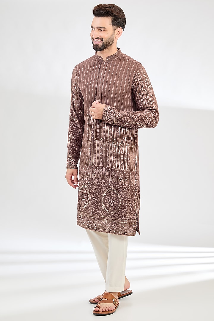 Mauve-Taupe Georgette Thread Embroidered Chikankari Kurta by Kasbah Clothing