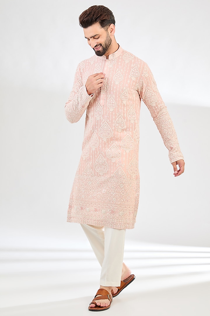 Pink Georgette Thread Work Chikankari Kurta by Kasbah Clothing