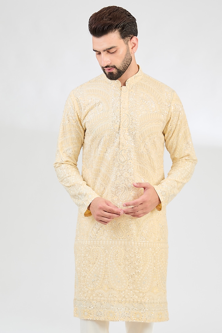 Lemon Yellow Georgette Paisley Embroidered Chikankari Kurta by Kasbah Clothing at Pernia's Pop Up Shop