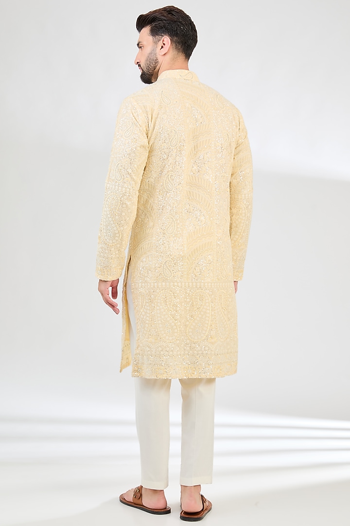 Lemon Yellow Georgette Paisley Embroidered Chikankari Kurta by Kasbah Clothing at Pernia's Pop Up Shop