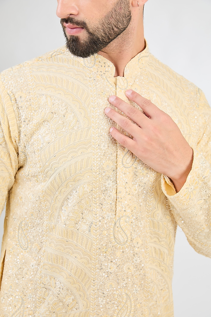 Lemon Yellow Georgette Paisley Embroidered Chikankari Kurta by Kasbah Clothing at Pernia's Pop Up Shop