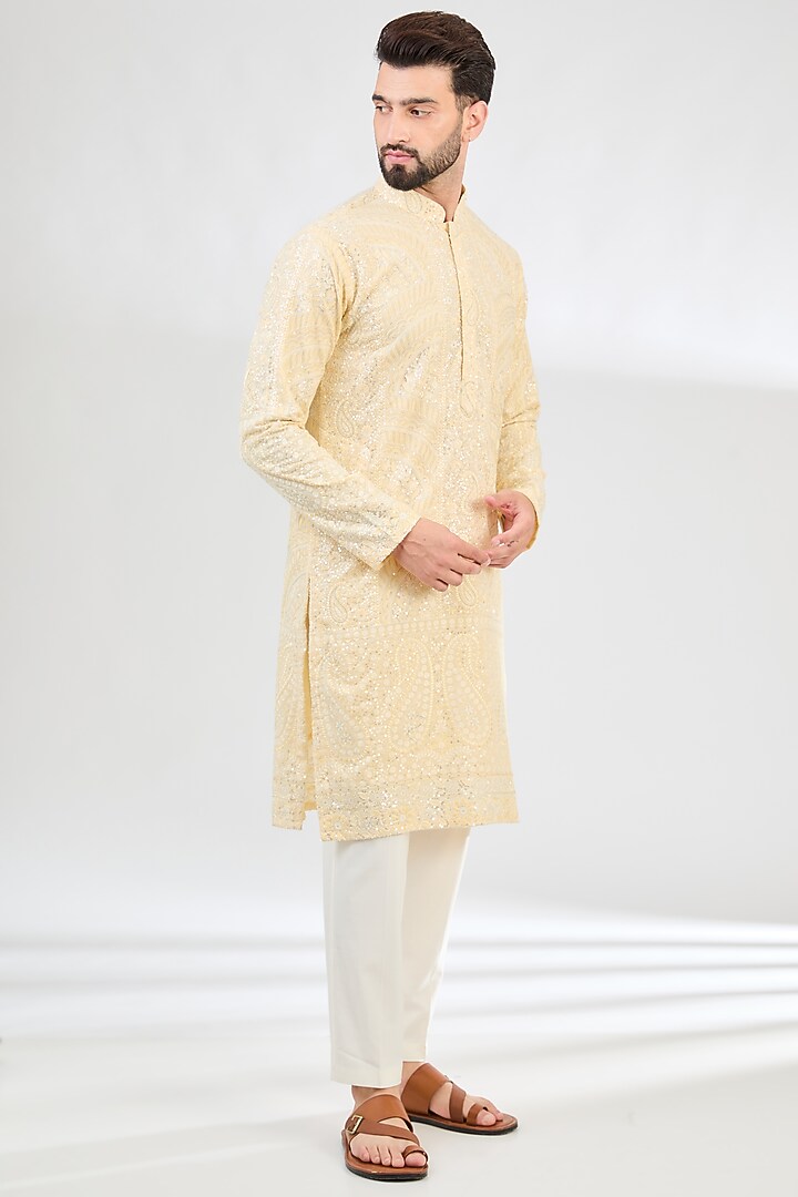 Lemon Yellow Georgette Paisley Embroidered Chikankari Kurta by Kasbah Clothing at Pernia's Pop Up Shop