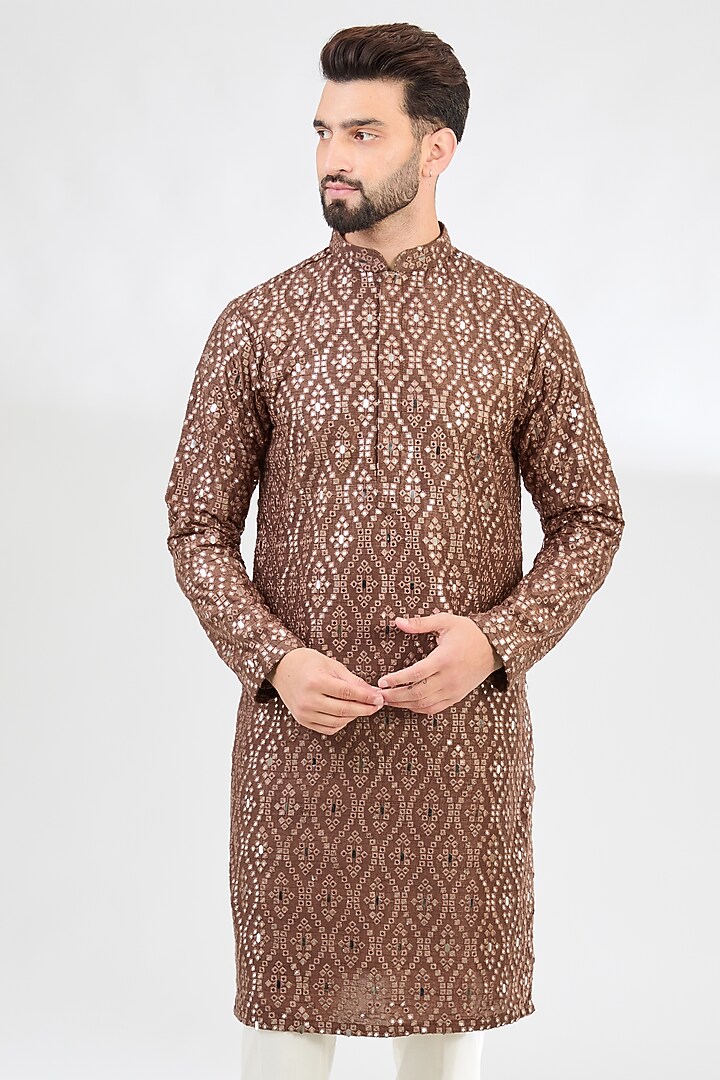 Mauve-Taupe Silk Mirror Work Kurta by Kasbah Clothing at Pernia's Pop Up Shop