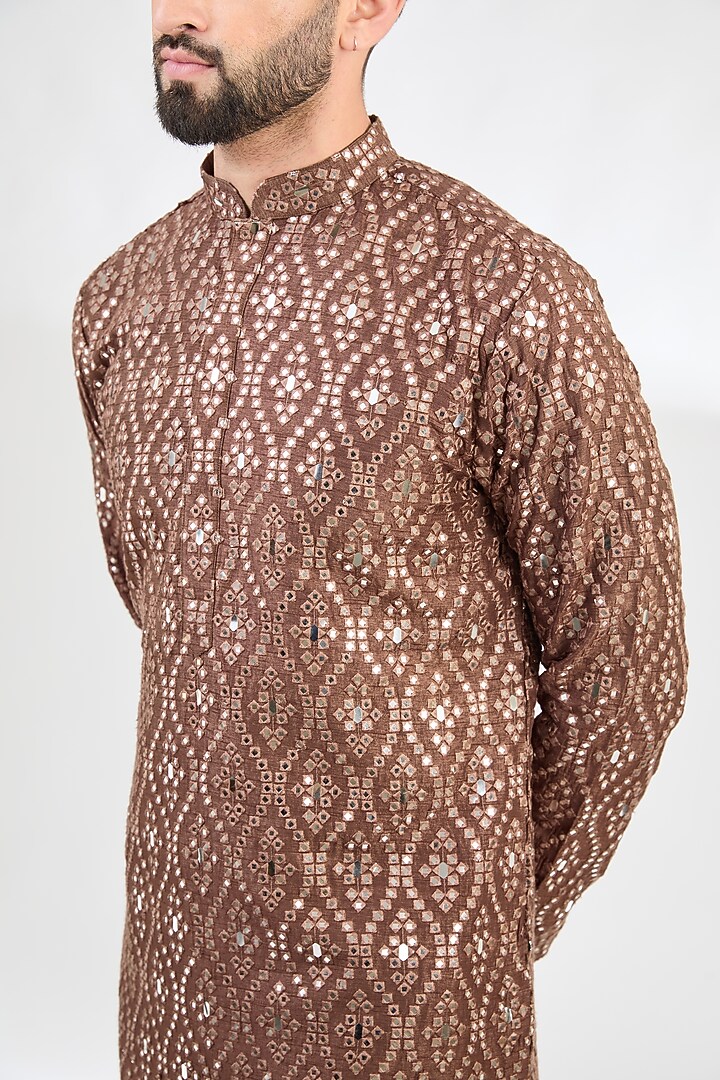 Mauve-Taupe Silk Mirror Work Kurta by Kasbah Clothing at Pernia's Pop Up Shop
