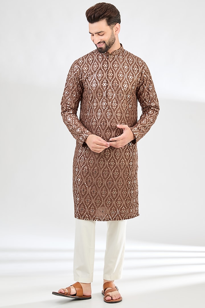 Mauve-Taupe Silk Mirror Work Kurta by Kasbah Clothing