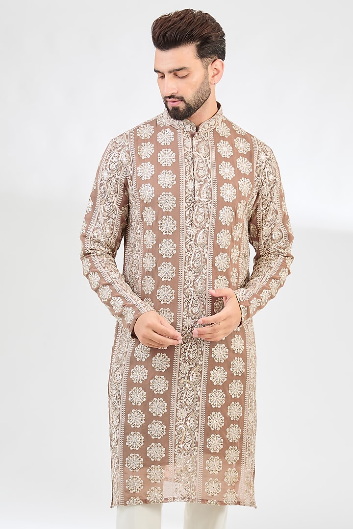 Beige-Brown Georgette Embroidered Chikankari Kurta by Kasbah Clothing at Pernia's Pop Up Shop