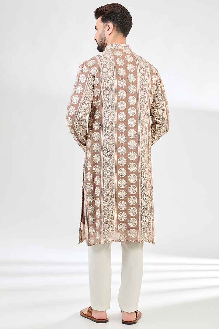 Beige-Brown Georgette Embroidered Chikankari Kurta by Kasbah Clothing at Pernia's Pop Up Shop