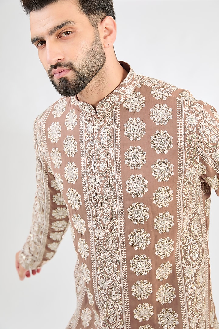 Beige-Brown Georgette Embroidered Chikankari Kurta by Kasbah Clothing at Pernia's Pop Up Shop
