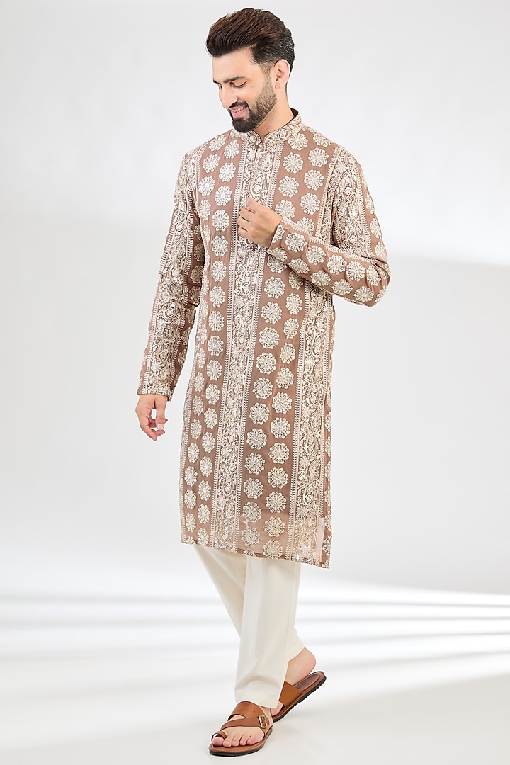 Beige-Brown Georgette Embroidered Chikankari Kurta by Kasbah Clothing