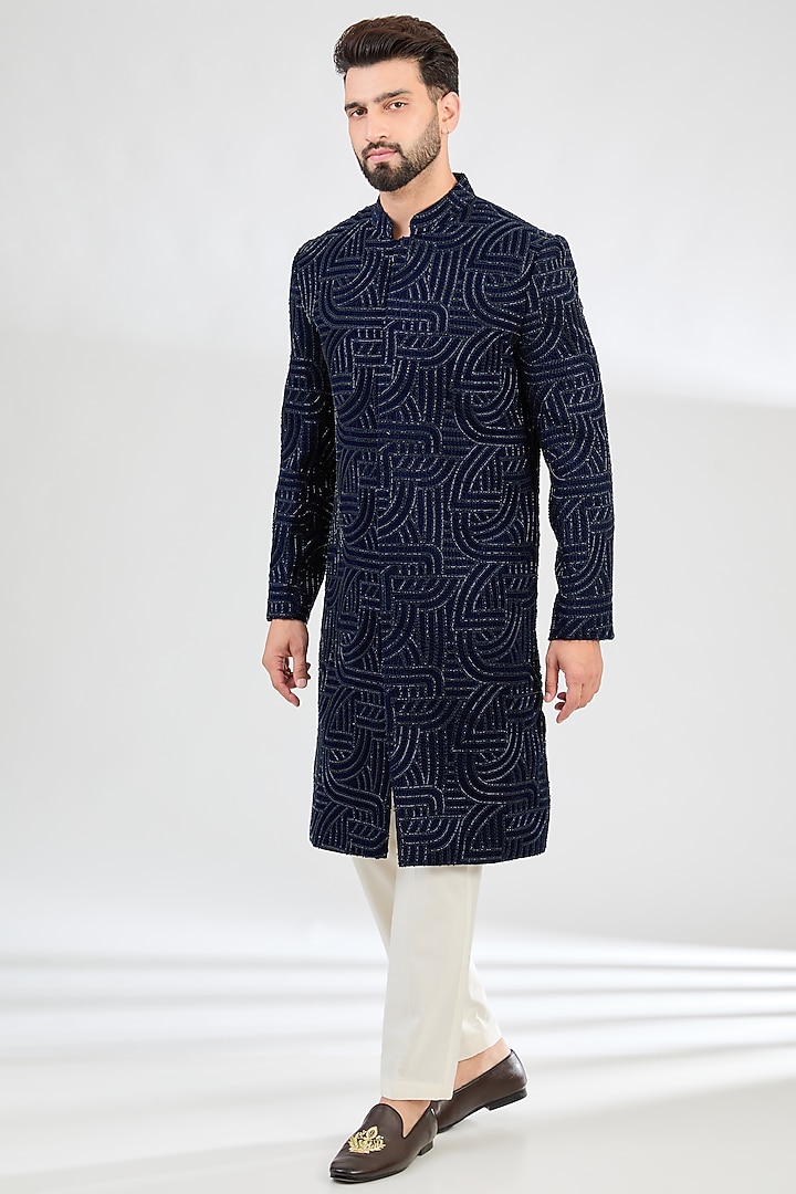 Navy Blue Silk Cutdana Embroidered Wedding Sherwani by Kasbah Clothing at Pernia's Pop Up Shop