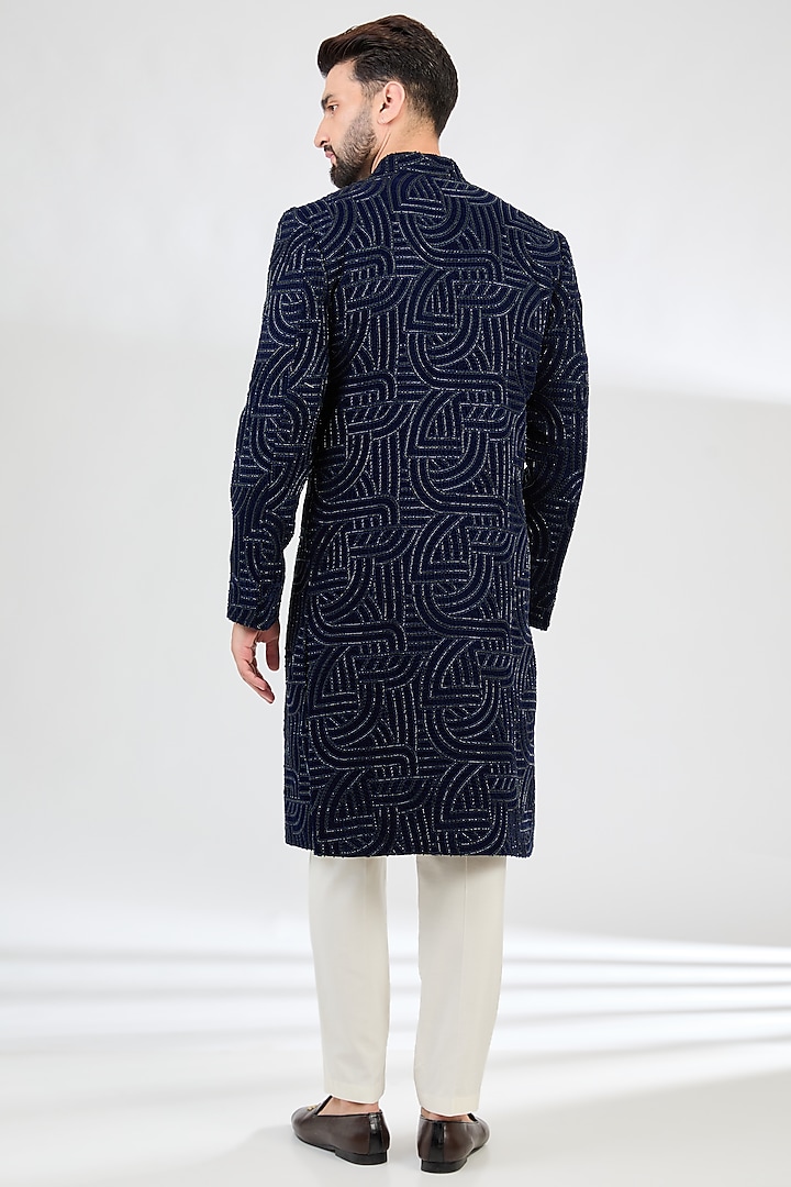 Navy Blue Silk Cutdana Embroidered Wedding Sherwani by Kasbah Clothing at Pernia's Pop Up Shop