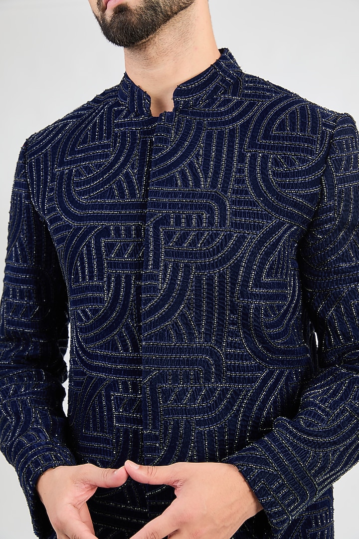 Navy Blue Silk Cutdana Embroidered Wedding Sherwani by Kasbah Clothing at Pernia's Pop Up Shop