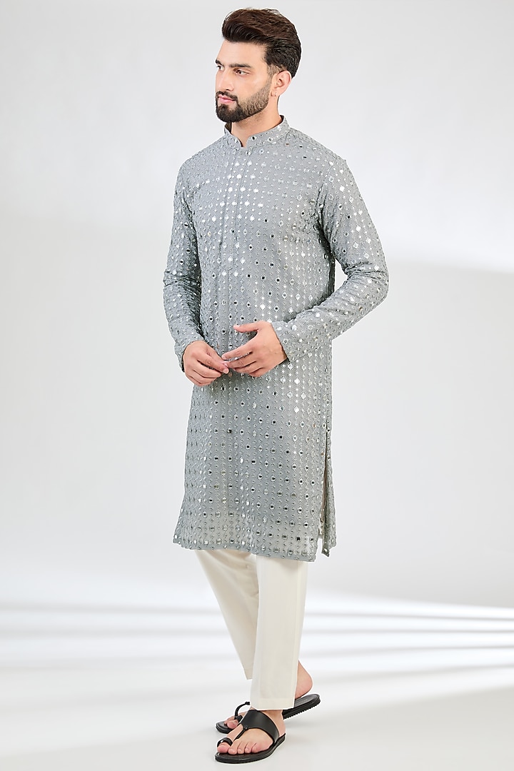 Sierra Blue Georgette Thread & Foil Work Kurta by Kasbah Clothing