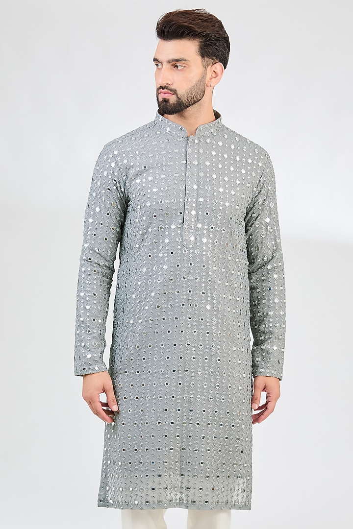 Sierra Blue Georgette Thread & Foil Work Kurta by Kasbah Clothing at Pernia's Pop Up Shop