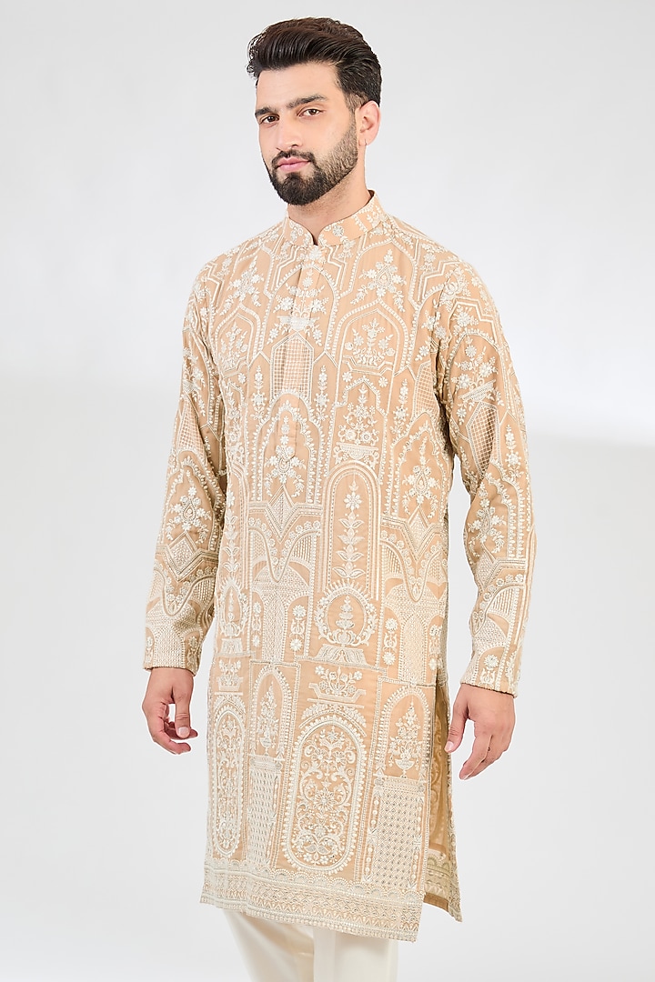 Mouse-Cream Georgette Thread Work Chikankari Kurta by Kasbah Clothing at Pernia's Pop Up Shop