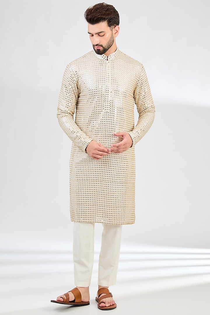 Cream Georgette Mirror Work Kurta by Kasbah Clothing