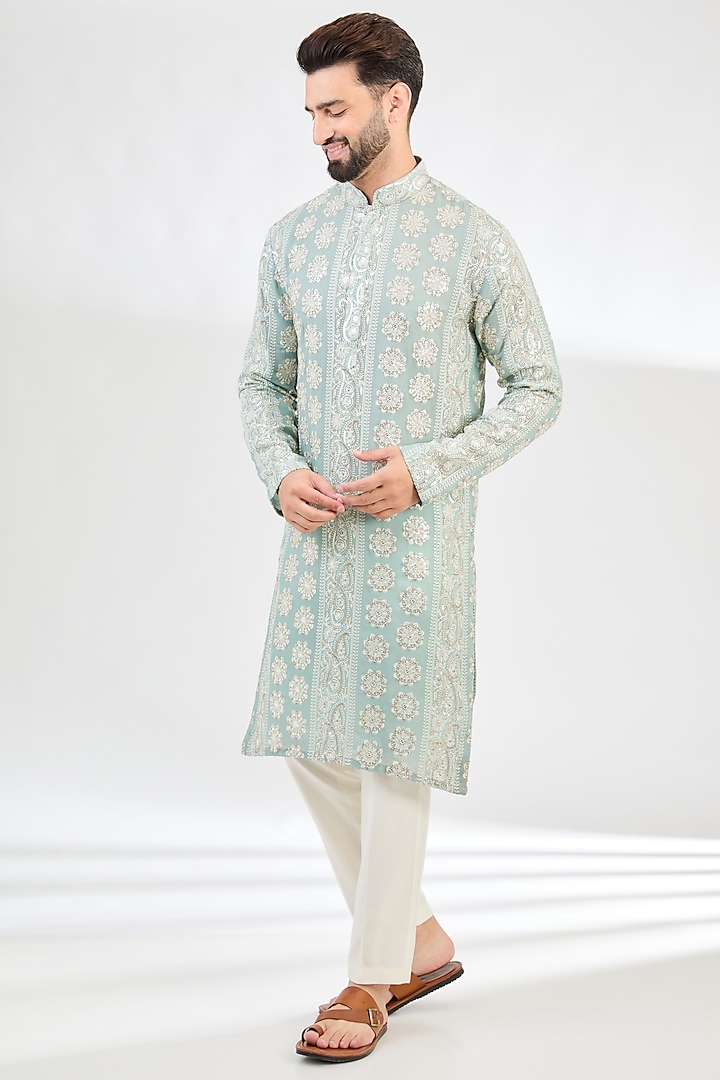 Aqua Blue Georgette Chikankari Kurta by Kasbah Clothing