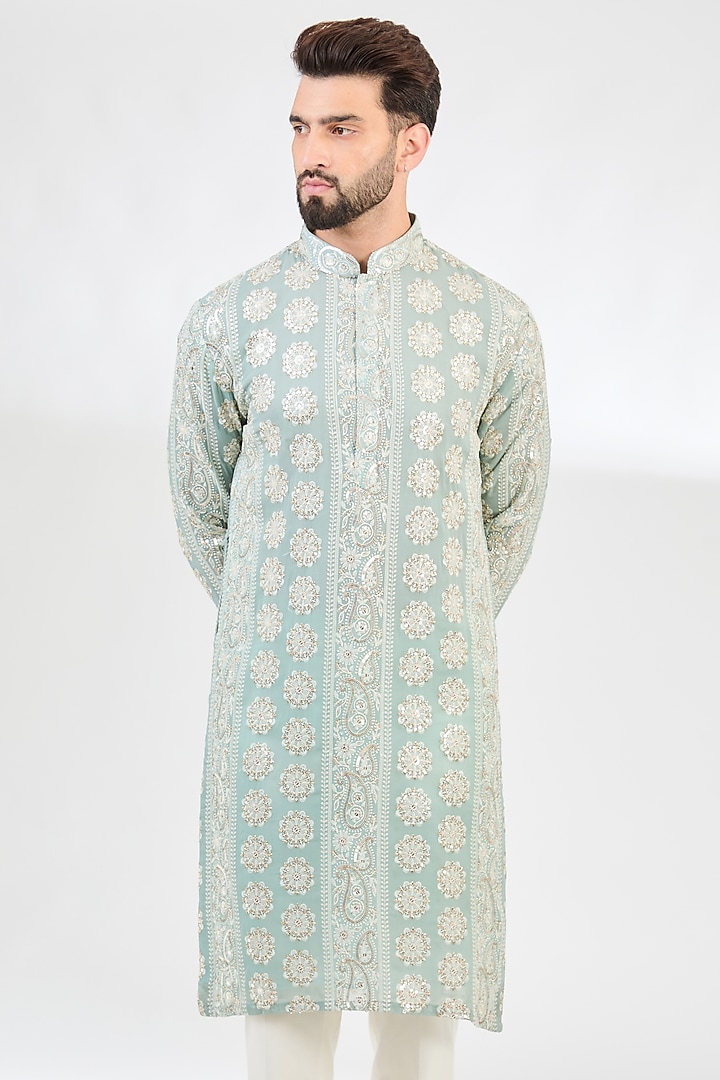 Aqua Blue Georgette Chikankari Kurta by Kasbah Clothing at Pernia's Pop Up Shop