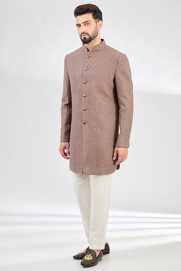 Mauve-Taupe Silk Sequins Embellished Sherwani by Kasbah Clothing