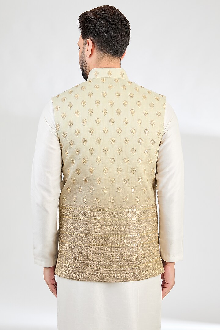 Nude & Grey Ombre Silk Zari Embroidered Nehru Jacket by Kasbah Clothing at Pernia's Pop Up Shop