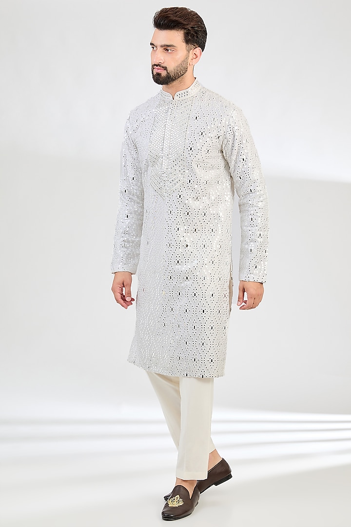 White Silk Hand Embroidered Kurta by Kasbah Clothing