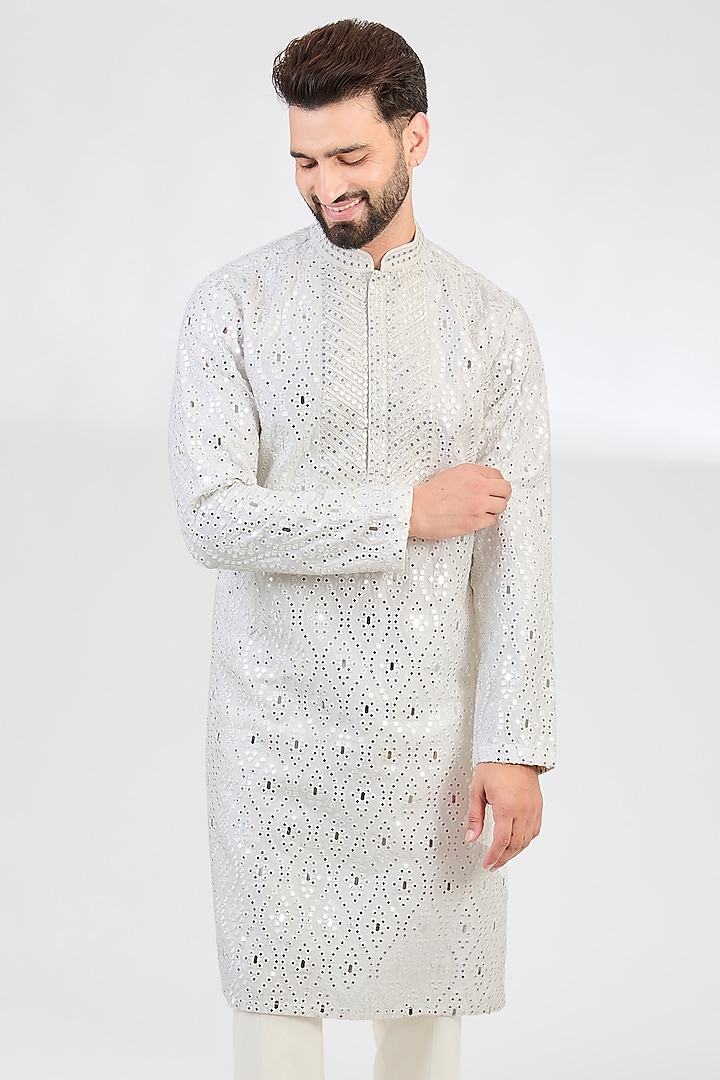 White Silk Hand Embroidered Kurta by Kasbah Clothing at Pernia's Pop Up Shop