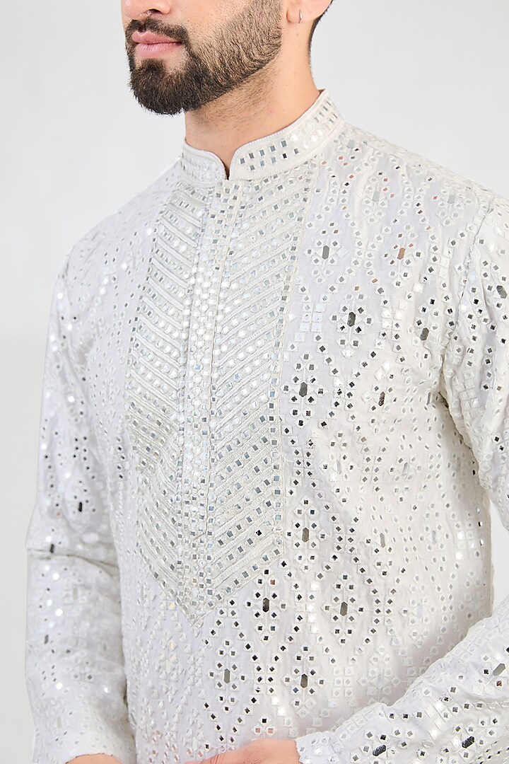 White Silk Hand Embroidered Kurta by Kasbah Clothing at Pernia's Pop Up Shop