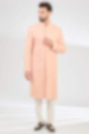 Peach Silk Kashmiri Embroidered Sherwani by Kasbah Clothing