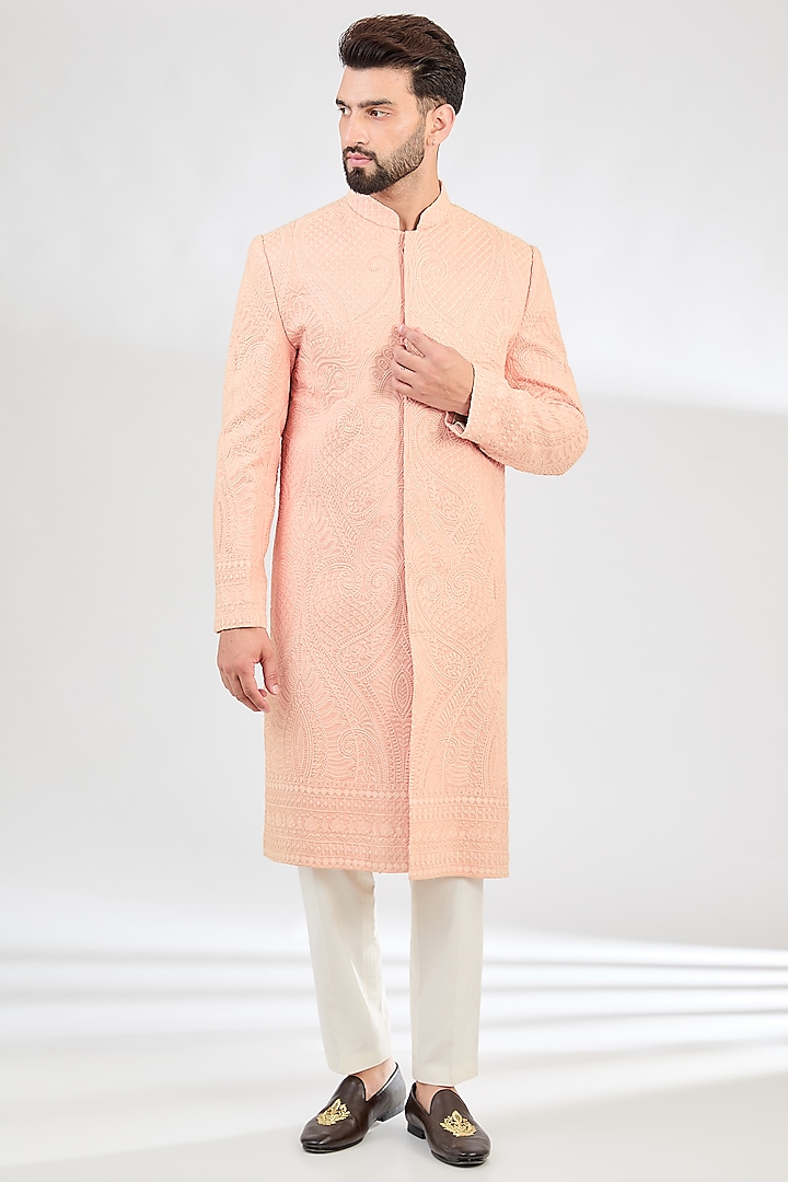 Peach Silk Kashmiri Embroidered Sherwani by Kasbah Clothing